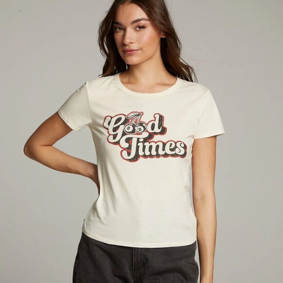 NWT Chaser Women’s Good Times Fitted Tee Cotton Cream Black Red Cherry Small - Picture 2 of 11